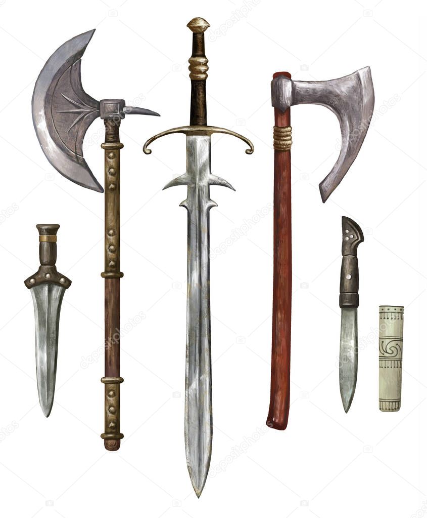 Ancient sword, knife, axe. Realistic. fantasy. Set 