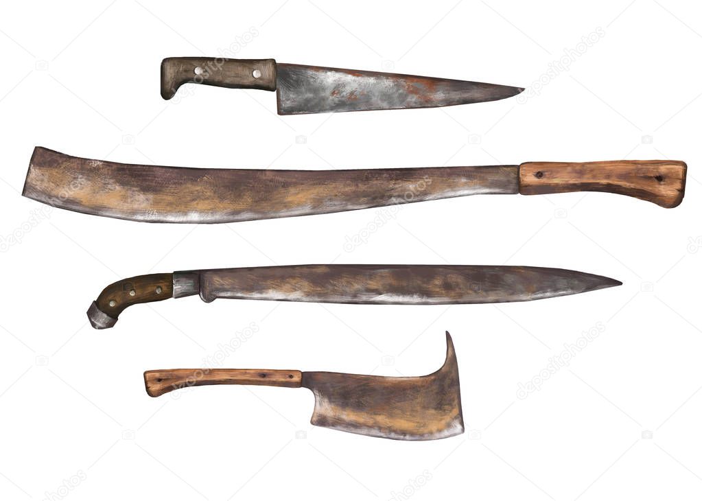 Rusty weapon. Realistic illustration. Isolated. Set