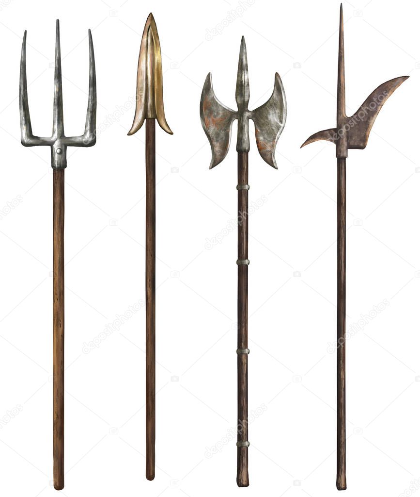 Realistic weapon. Spear and halberd. Isolated set