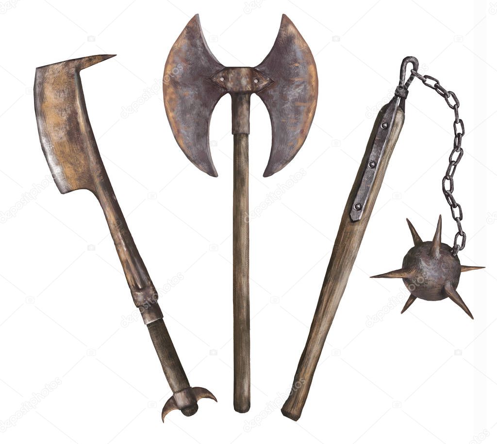 Fantasy weapons. Flail and axes. Isolated illustrarion. 