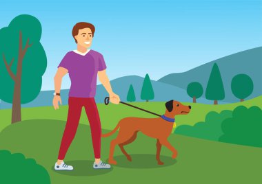 Adam kahverengi bir köpekle yürür. Renkli.