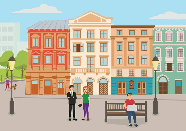 İnsanlarla şehir merkezi. düz arka plan