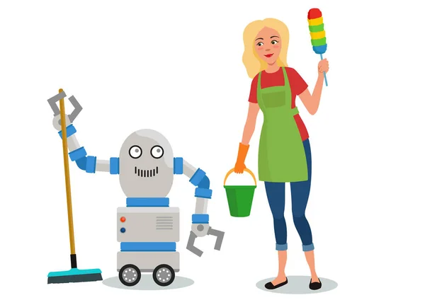 Housewife Cleans Robot Cleaning Day Isolated Characters — Stock Vector