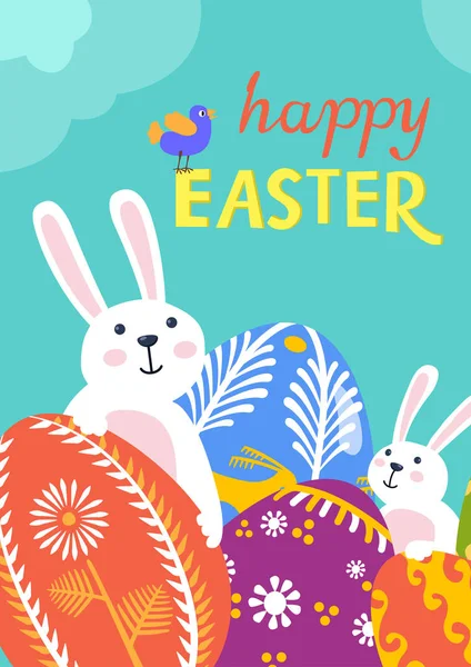Yumurta ve tavşan ile Mutlu Paskalya tebrik kartı. Vektör arka planı.