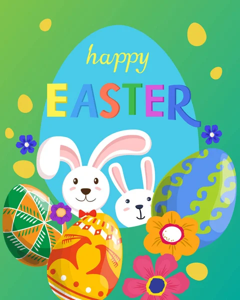 Yumurta ve tavşan ile Mutlu Paskalya tebrik kartı. Vektör arka planı.