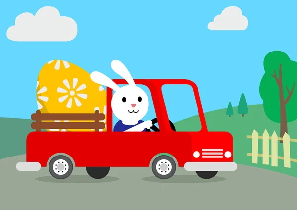 Easter Bunny Samochodzie Szczęśliwe Tło Wielkanocne Wektor — Wektor stockowy