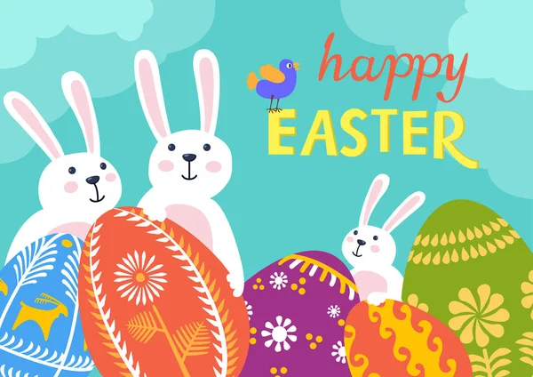 Yumurta ve tavşan ile Mutlu Paskalya tebrik kartı. Vektör arka planı.