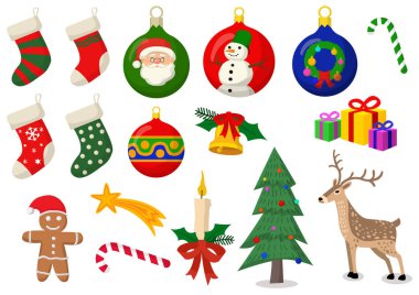 Marry Christmass vektör seti. Renk dolu yalıtılmış nesneler