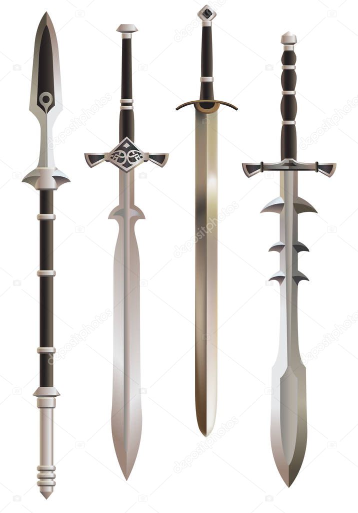Medieval swords and short spear, vector.
