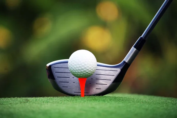 golf club and golf ball close up in grass field with sunset. Gol