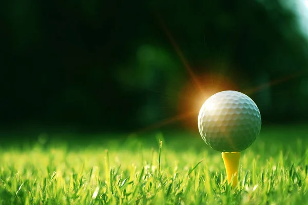 Pelota de golf en tee en hermoso campo de golf al atardecer fondo. — Foto de Stock