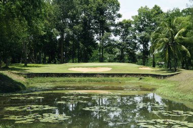 Akşam golf sahasında güneş ışığı var.