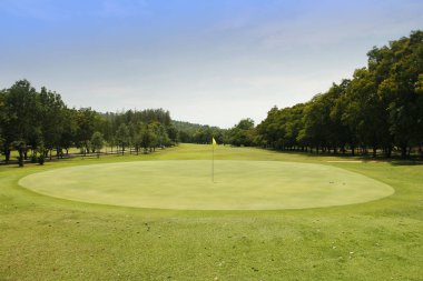 Akşam golf sahasında güneş ışığı var.