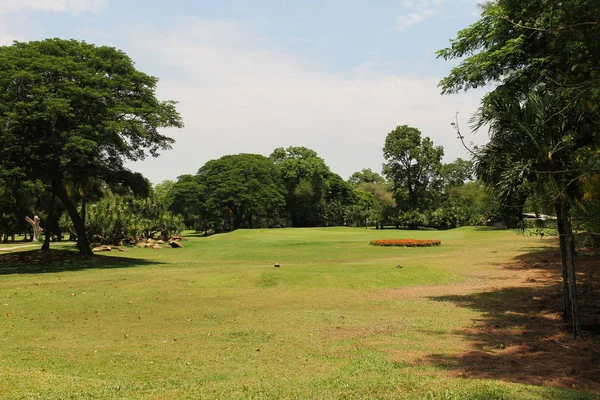 El campo de golf nocturno tiene luz solar brillando en el campo de golf — Foto de Stock