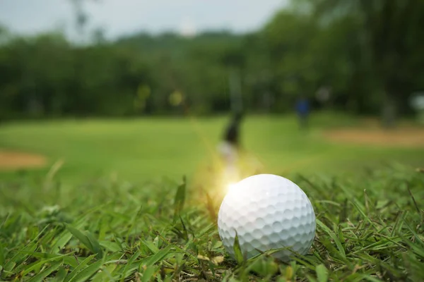 Pelota de golf en césped verde en hermoso campo de golf al atardecer — Foto de Stock