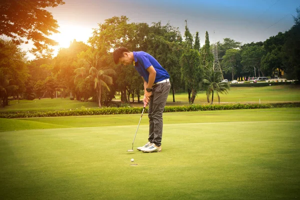 Golfista colocando golfe no buraco em belo campo de golfe. O — Fotografia de Stock