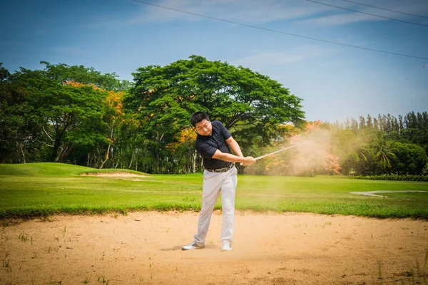 Golfista colocando golfe no buraco em belo campo de golfe. O — Fotografia de Stock