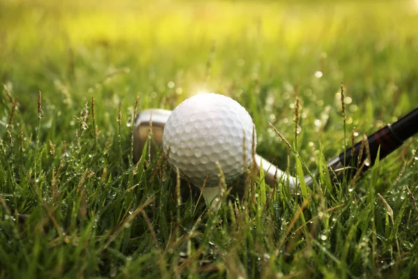 Golf pelota y club de golf en hermoso campo de golf al atardecer backg —  Fotos de Stock