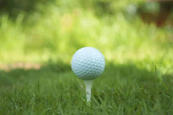 Pelota de golf en tee en hermoso campo de golf al atardecer fondo. —  Fotos de Stock