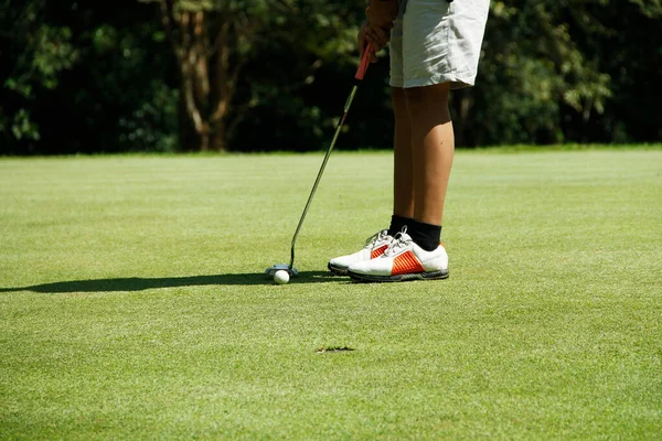 Golfare Att Sätta Golf Vacker Golfbana Kvällen Golfbana Med Solsken — Stockfoto
