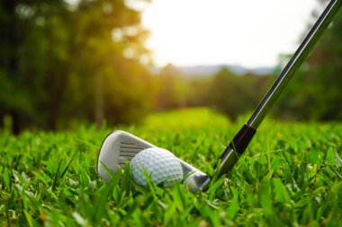 Tayland 'daki güzel golf sahasında golf ve golf sopası. Yeşil arka planda yeşil çimenler üzerinde dinlenen golf ekipmanları koleksiyonu.                                