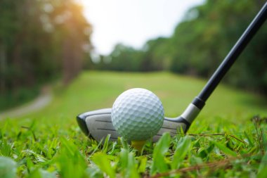 Tayland 'daki güzel golf sahasında golf ve golf sopası. Yeşil arka planda yeşil çimenler üzerinde dinlenen golf ekipmanları koleksiyonu.                                