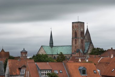 Ribe katedral eski şehir kırmızı çatılar görülen Danimarka uzun pozlama