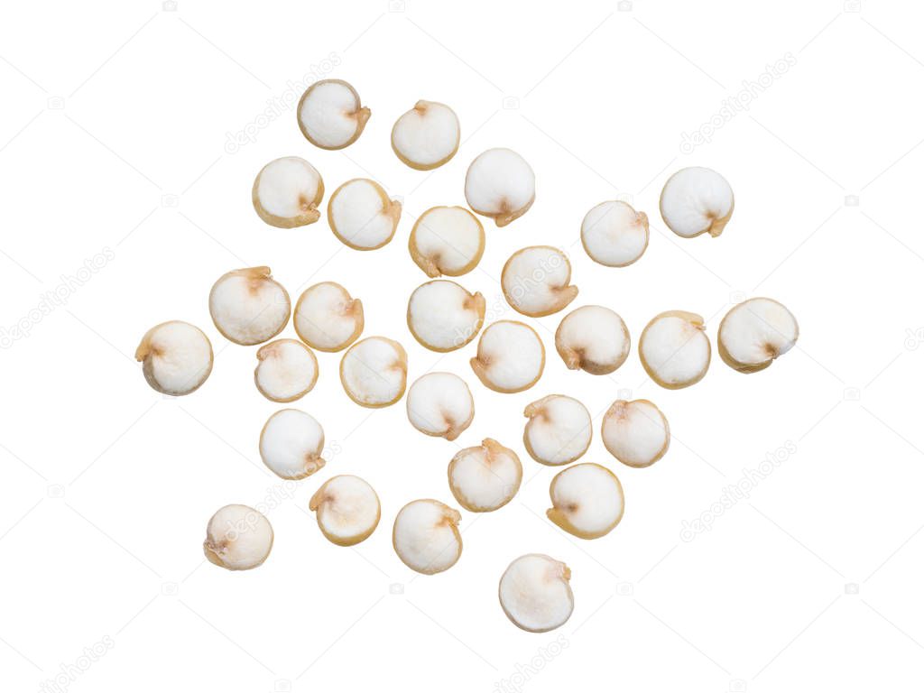 Close up of some quinoa seeds spread out and isolated on white background seen from above