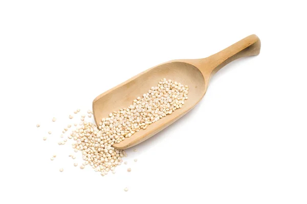 Houten Lepel Scoop Met Gezonde Quinoa Zaden Geïsoleerd Witte Achtergrond Stockafbeelding