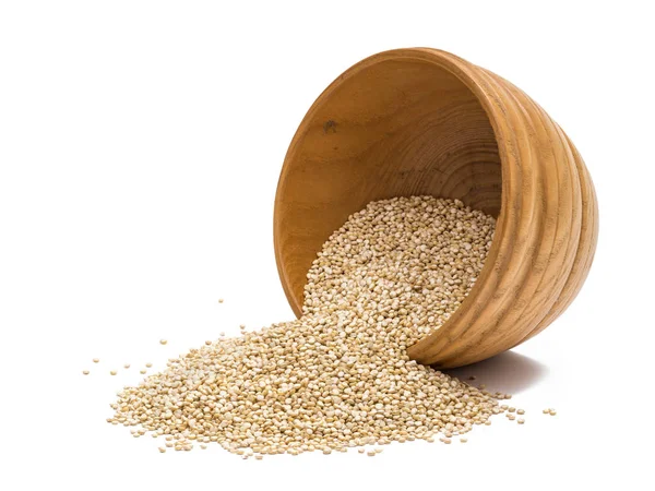 Quinoa Frön Hälla Rund Välte Trä Skål Isolerad Vit Bakgrund — Stockfoto