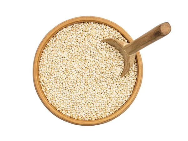 Quinoa Samen Einer Runden Hölzernen Schüssel Mit Einem Löffel Der — Stockfoto