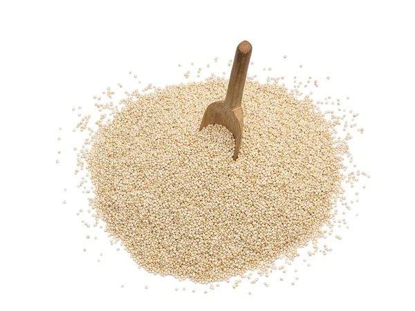 Pile Quinoa Seeds Seen Obliquely Wooden Spoon Planted Middle Isolated — Stock Photo, Image