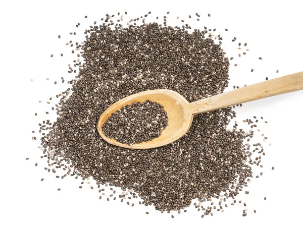 Close Chia Seeds Wooden Spoon Seen Isolated White Background — Stock Photo, Image
