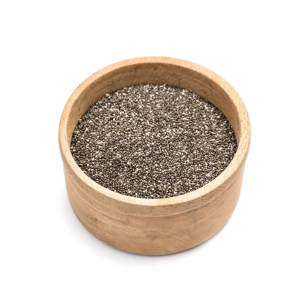 Eğik yukarıda da görüleceği ve beyaz arka plan üzerinde izole chia tohumu ile ahşap kase