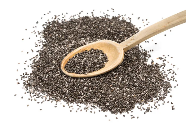 Chia Seeds Wooden Spoon Seen Obliquely Isolated White Background — Stock Photo, Image
