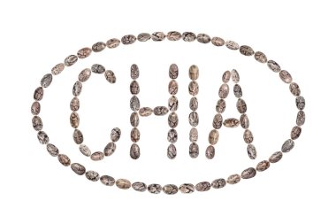 Word Chia chia ile yazılı bir elips tohum ve beyaz arka plan üzerinde izole