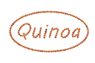 Word kırmızı ile yazılmış Quinoa bir elips şeklinde çerçeve içinde tohum ve beyaz arka plan üzerinde izole