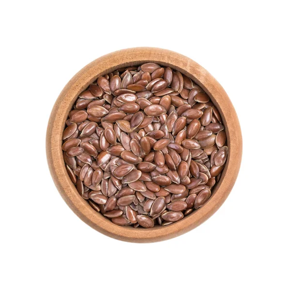 Small Wooden Bowl Linseeds Flax Seeds Seen Directly Isolated White — Stock Photo, Image