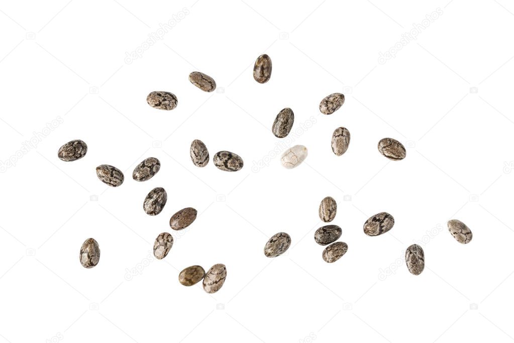 Some chia seeds spread out and isolated on white background