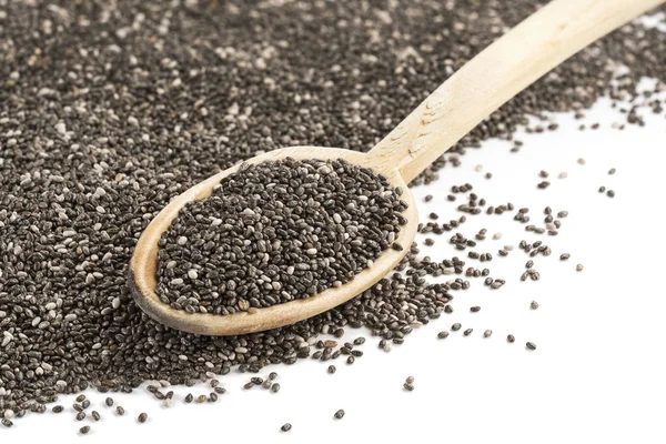 Heap Chia Seeds Wooden Spoon Upper Right Corner Seen Obliquely — Stock Photo, Image