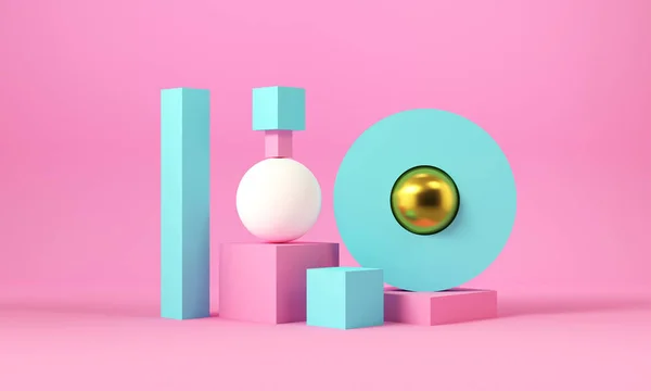 Pink and blue geometric shapes with a golden sphere. Abstract pastel color background. Decorative elements backdrop. 3d rendering.