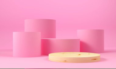 Ahşap silindirik podyum ile pembe geometrik şekiller. Soyut pastel renk arka plan. Dekoratif unsurlar arka plan. 3d render.