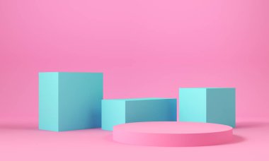 Pembe ve mavi geometrik şekiller. Soyut pastel renk arka plan. Dekoratif unsurlar arka plan. 3d render.