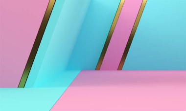 Altın çizgilerle pembe ve mavi geometrik şekiller. Soyut arka plan. 3d render.