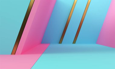 Altın çizgilerle pembe ve mavi geometrik şekiller. Soyut pastel renk arka plan. Dekoratif unsurlar arka plan. 3d render.