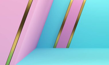 Altın çizgilerle pembe ve mavi geometrik şekiller. Soyut arka plan. 3d render.