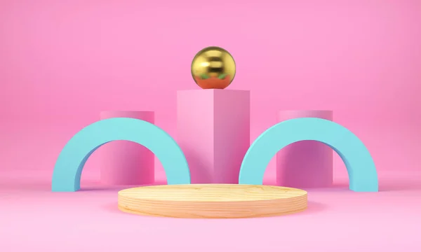 Geometric pink and blue shapes with a gold sphere and a cylindrical wooden podium. Abstract background. 3d rendering.