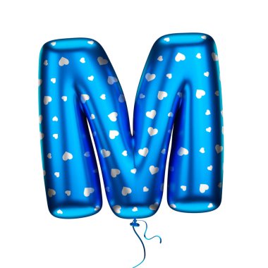 Mavi kalp elemanları dokulu mektup M. Beyaz bir arka plan üzerinde şişme bir balon yapılmış. İzole, 3d render