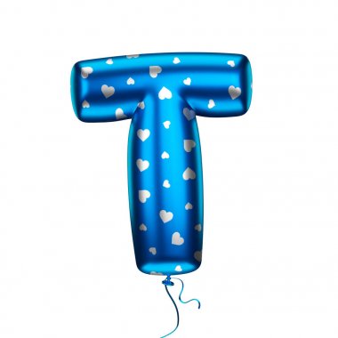 Mavi kalp elemanları dokulu harf T. Beyaz bir arka plan üzerinde şişme bir balon yapılmış. İzole, 3d render