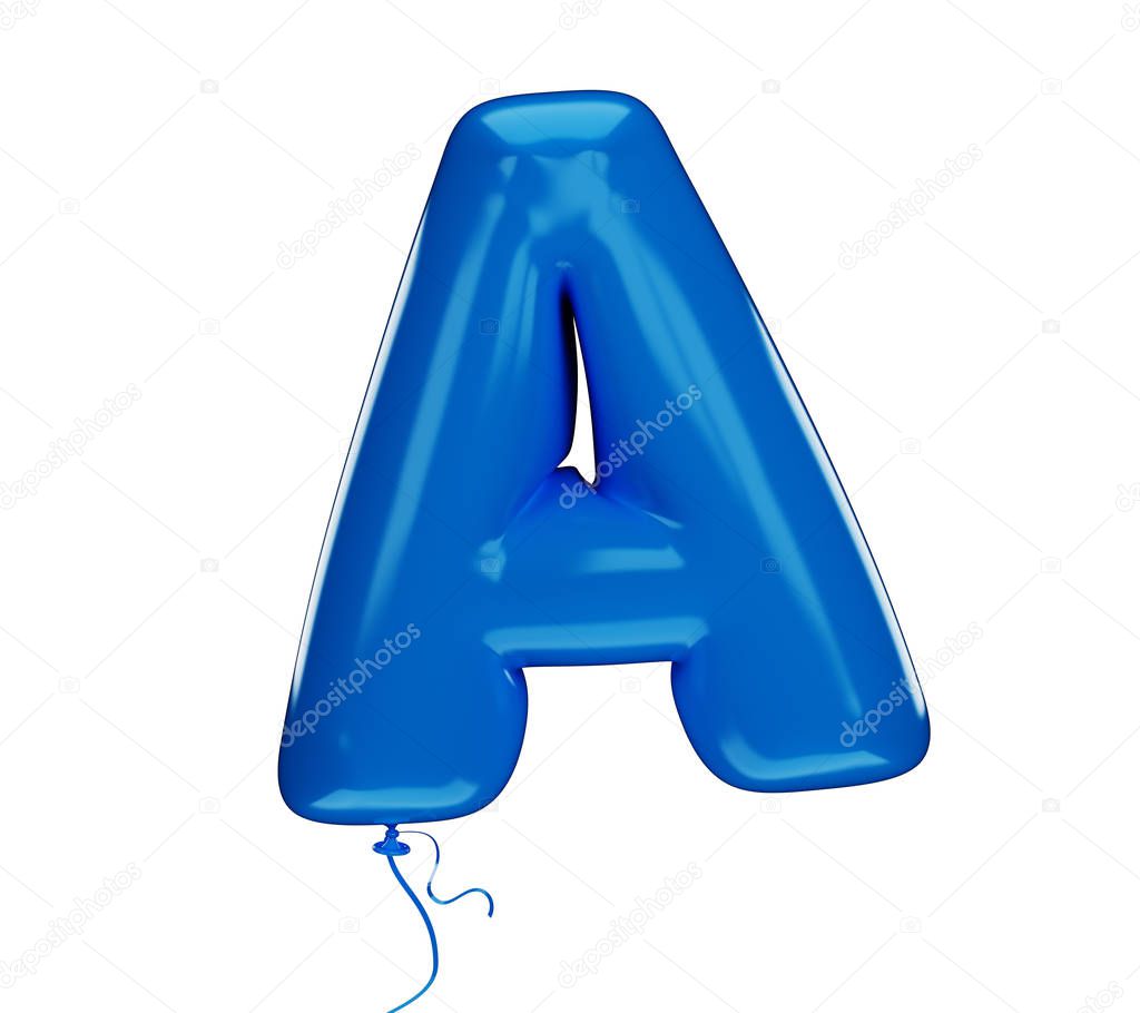 Blue color textured letter A. Made of an inflatable balloon on a white background. Isolated, 3d rendering